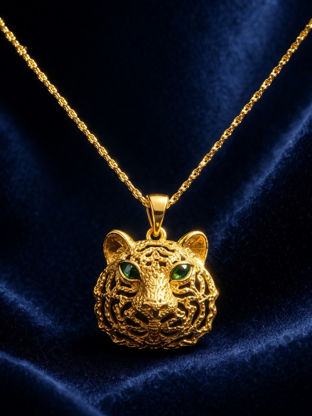 18k Gold Tiger Head Necklace with green Eyes Accents w/ twisted rope chain